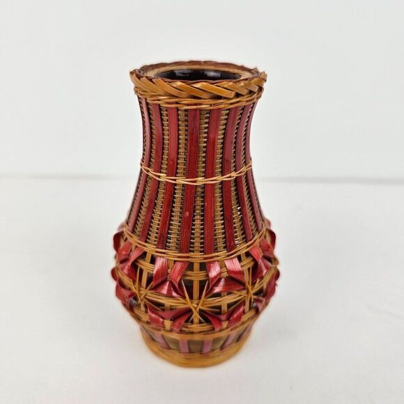 Shanghai Handicrafts Miniature Vase Woven Wicker‎ Rattan Bamboo Basket Vtg Label - Picture 2 of 9